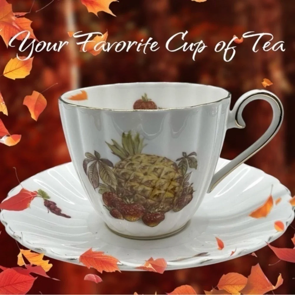 2pc Royal Tuscan Bone China Cup & Saucer Set, Harvest Pineapple Strawberry decor